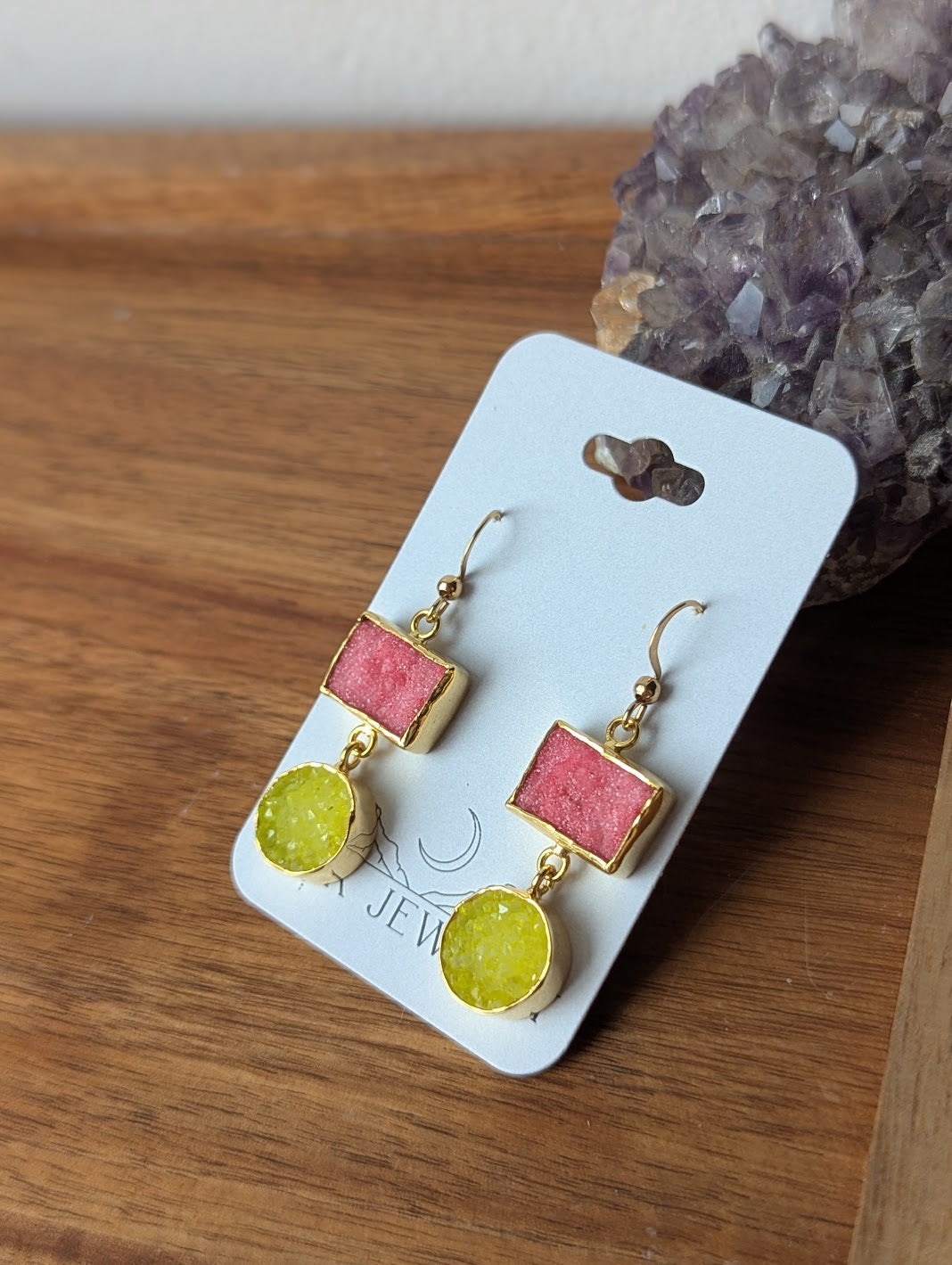 Pink and Yellow Druzy Duo Earrings