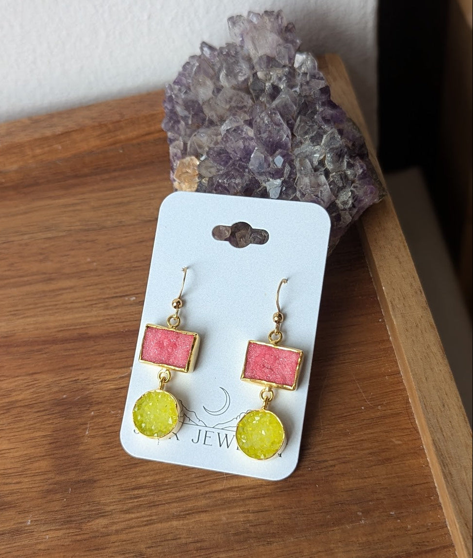 Pink and Yellow Druzy Duo Earrings