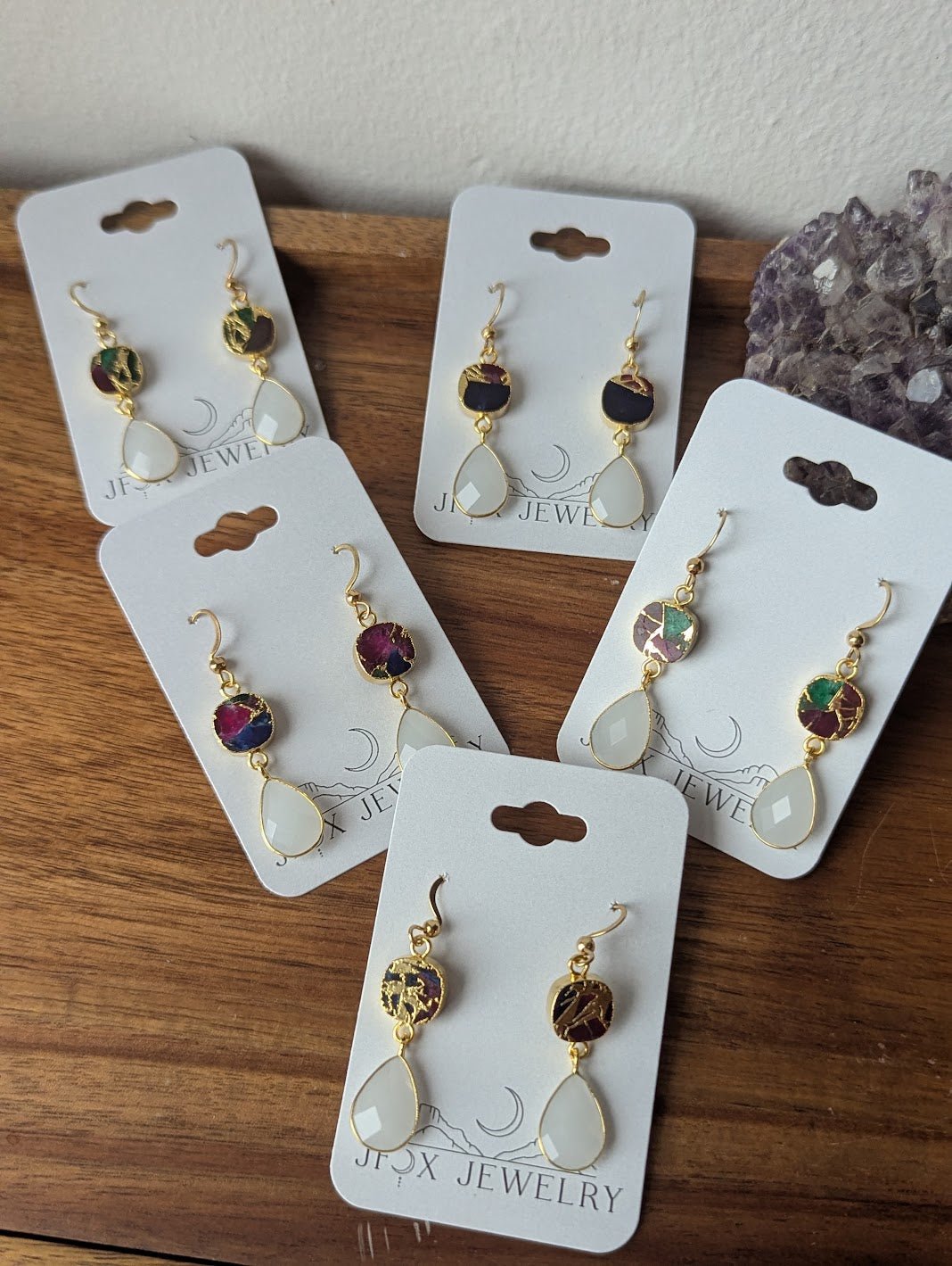Multi Color Mosaic and White Crystal Duo Earrings