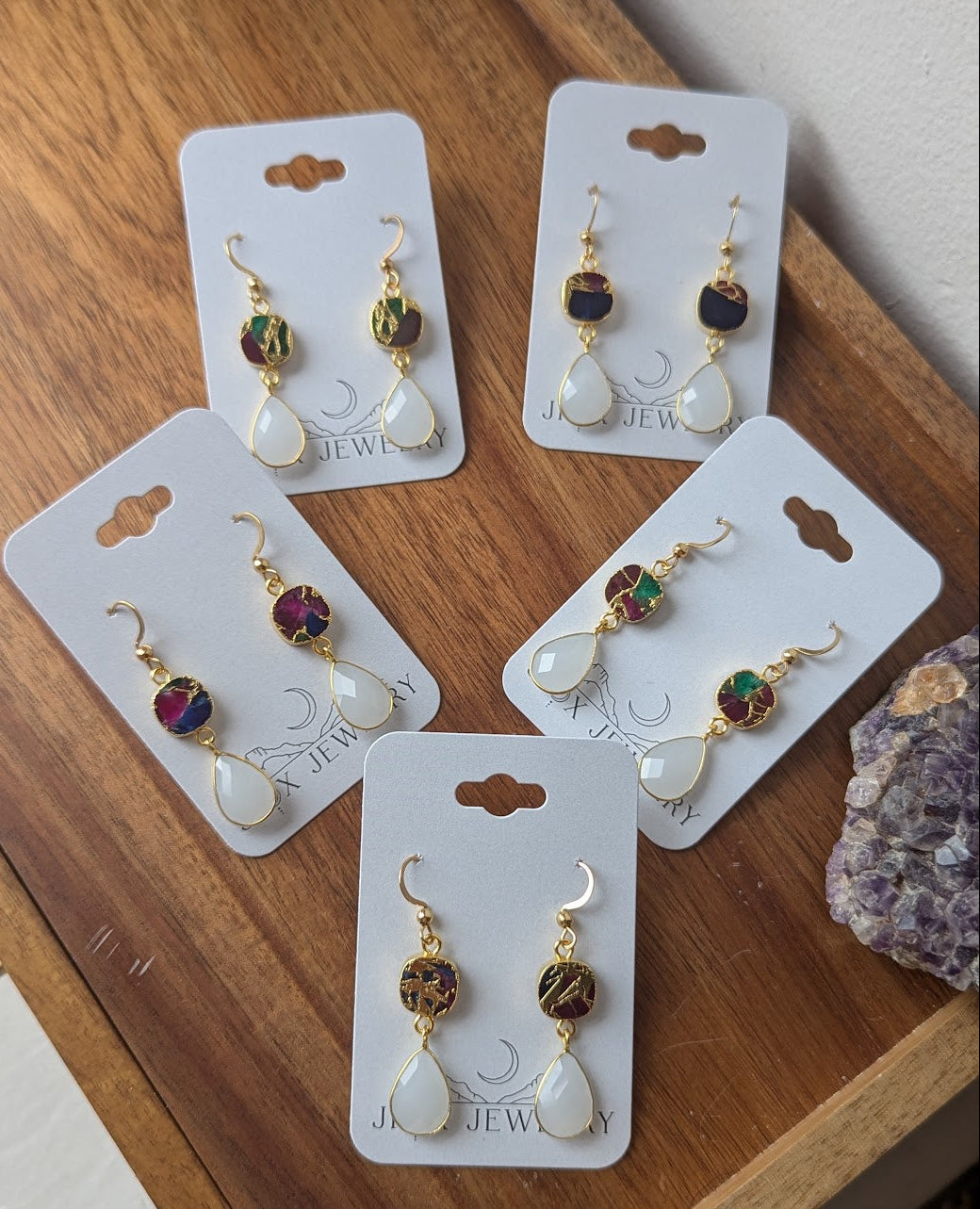 Multi Color Mosaic and White Crystal Duo Earrings