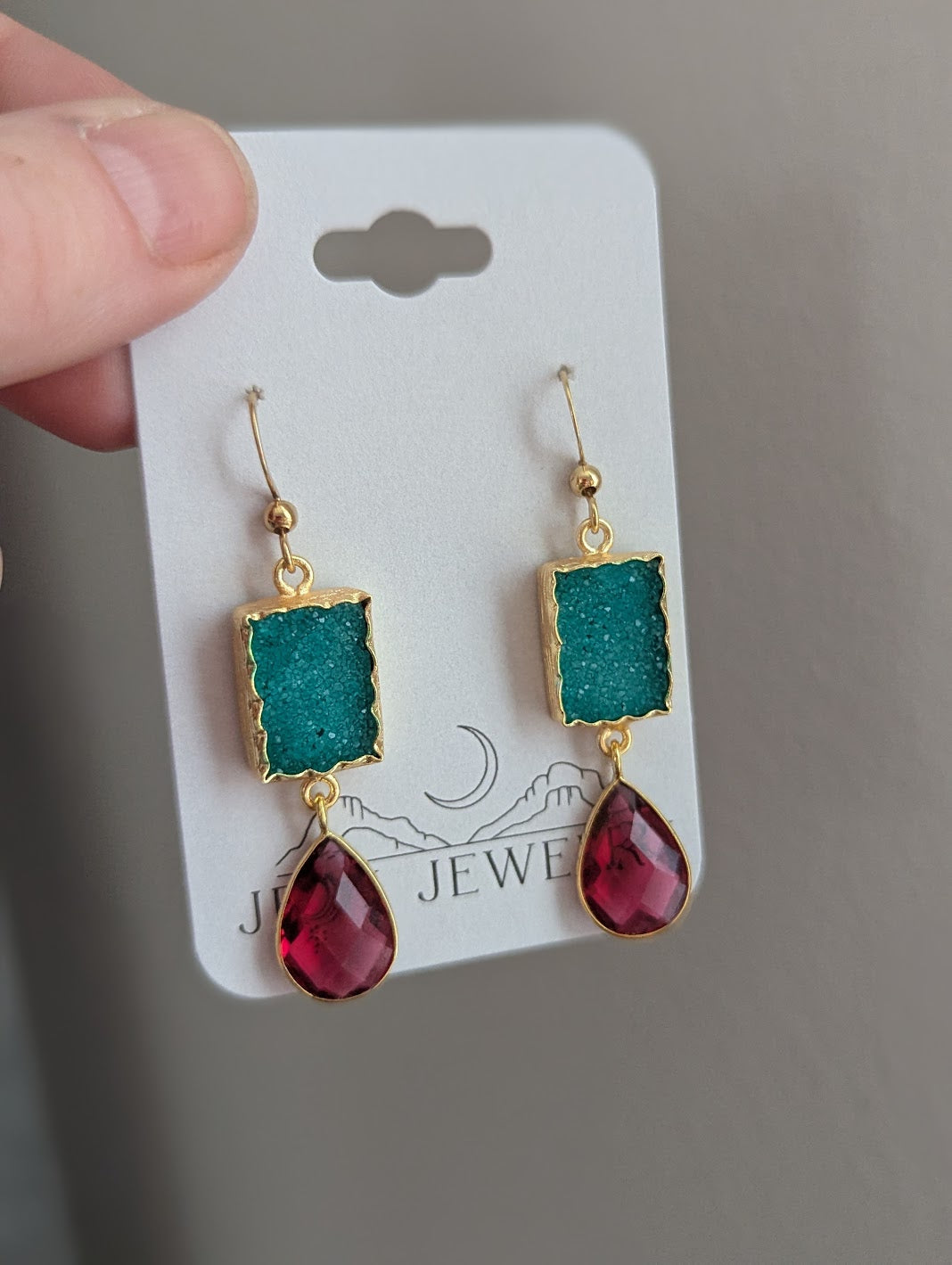 Green Druzy and Red Crystal Duo Gold Earrings