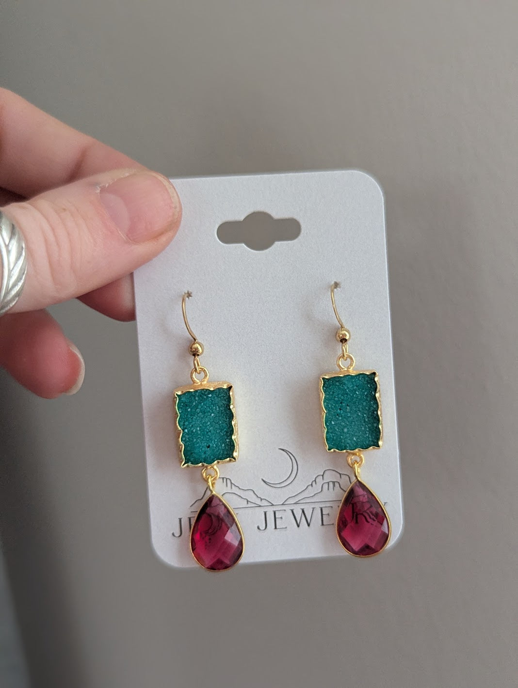 Green Druzy and Red Crystal Duo Gold Earrings