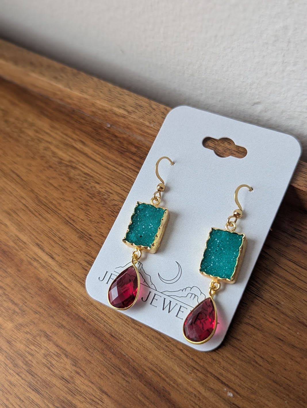 Green Druzy and Red Crystal Duo Gold Earrings