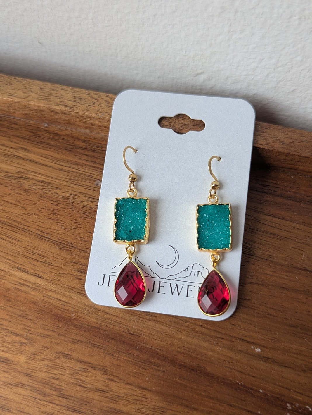 Green Druzy and Red Crystal Duo Gold Earrings