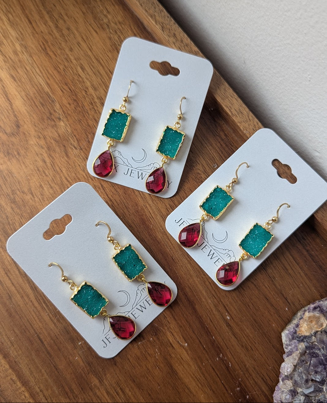 Green Druzy and Red Crystal Duo Gold Earrings