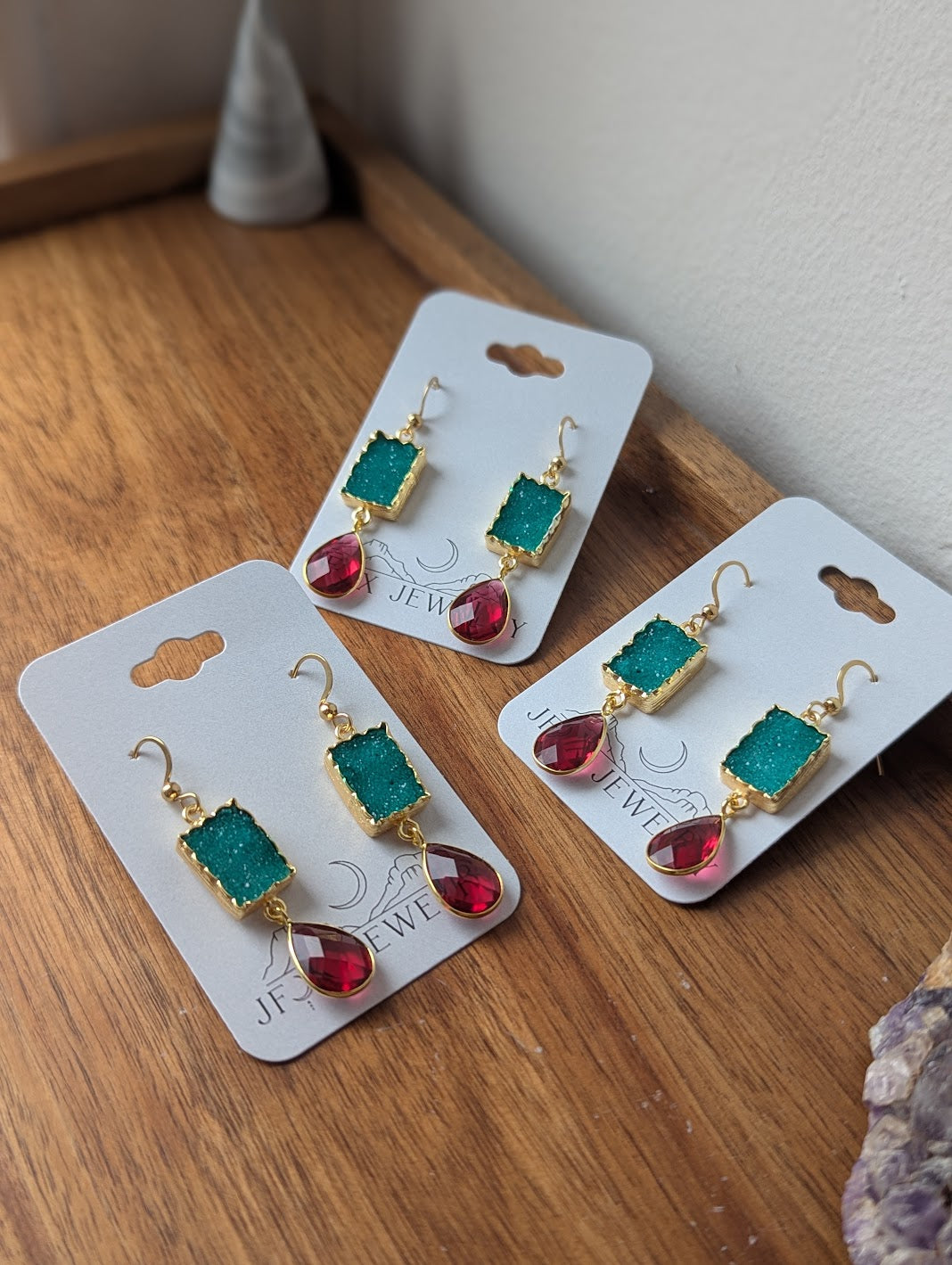 Green Druzy and Red Crystal Duo Gold Earrings
