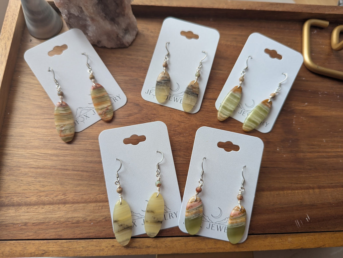 Green Banded Calcite Oval Silver Earrings (Various Options Available)