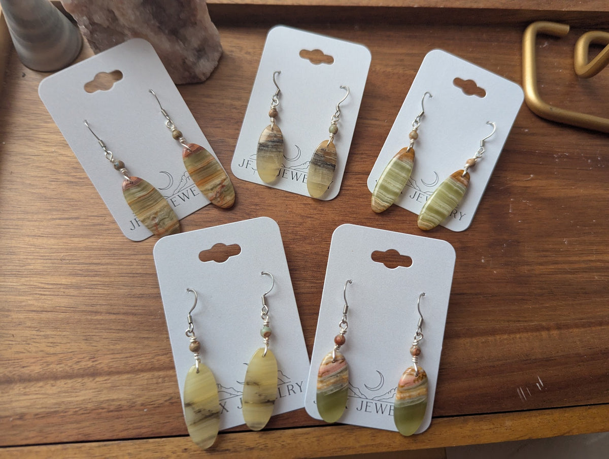 Green Banded Calcite Oval Silver Earrings (Various Options Available)