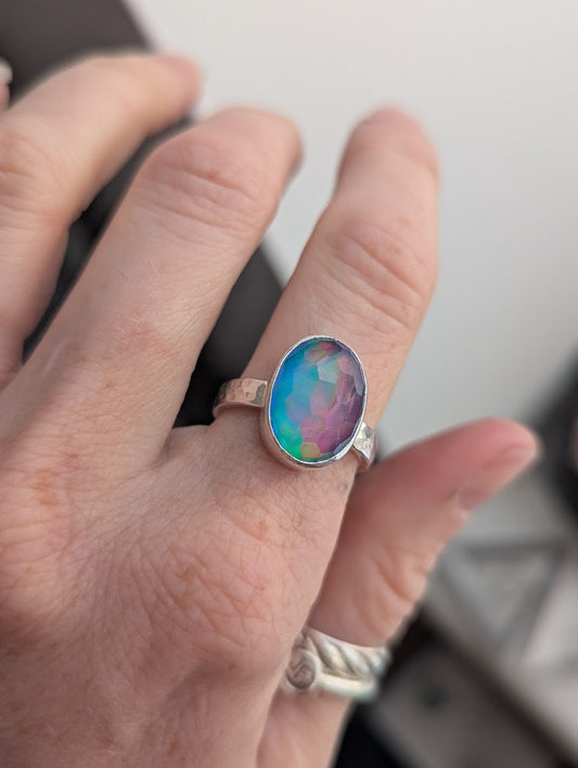 Blue Aurora Opal Oval Silver Ring - Size 7