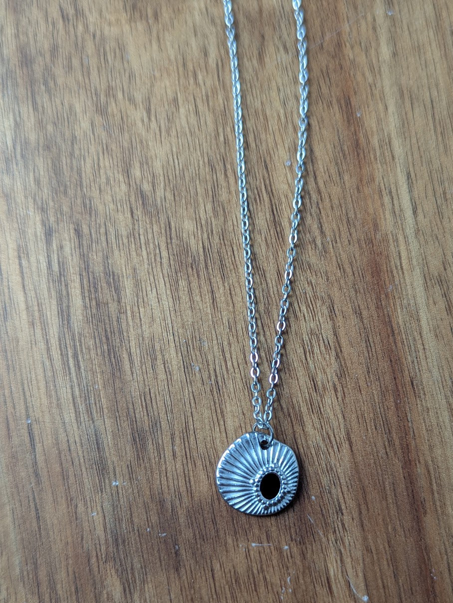 Silver and Black Enamel Sun Dial Necklace