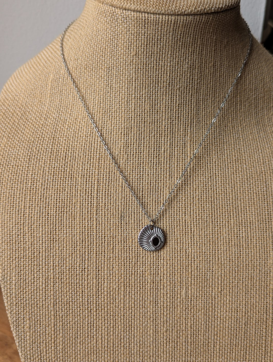 Silver and Black Enamel Sun Dial Necklace