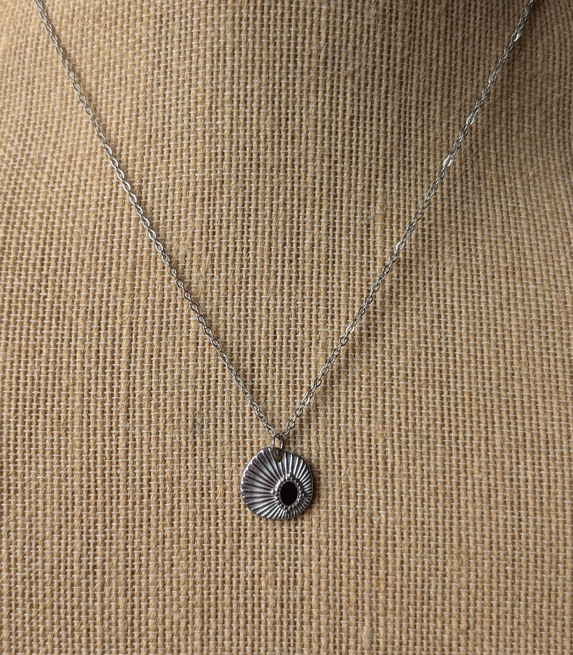 Silver and Black Enamel Sun Dial Necklace