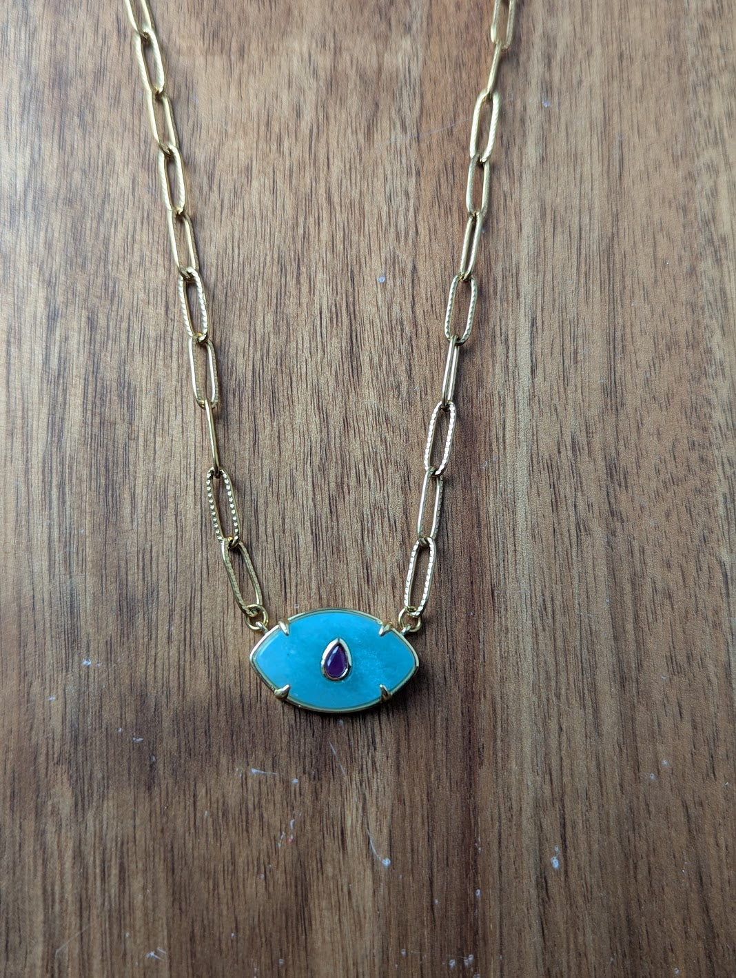 Aqua Chalcedony and Red Crystal Evil Eye Gold Paperclip Necklace