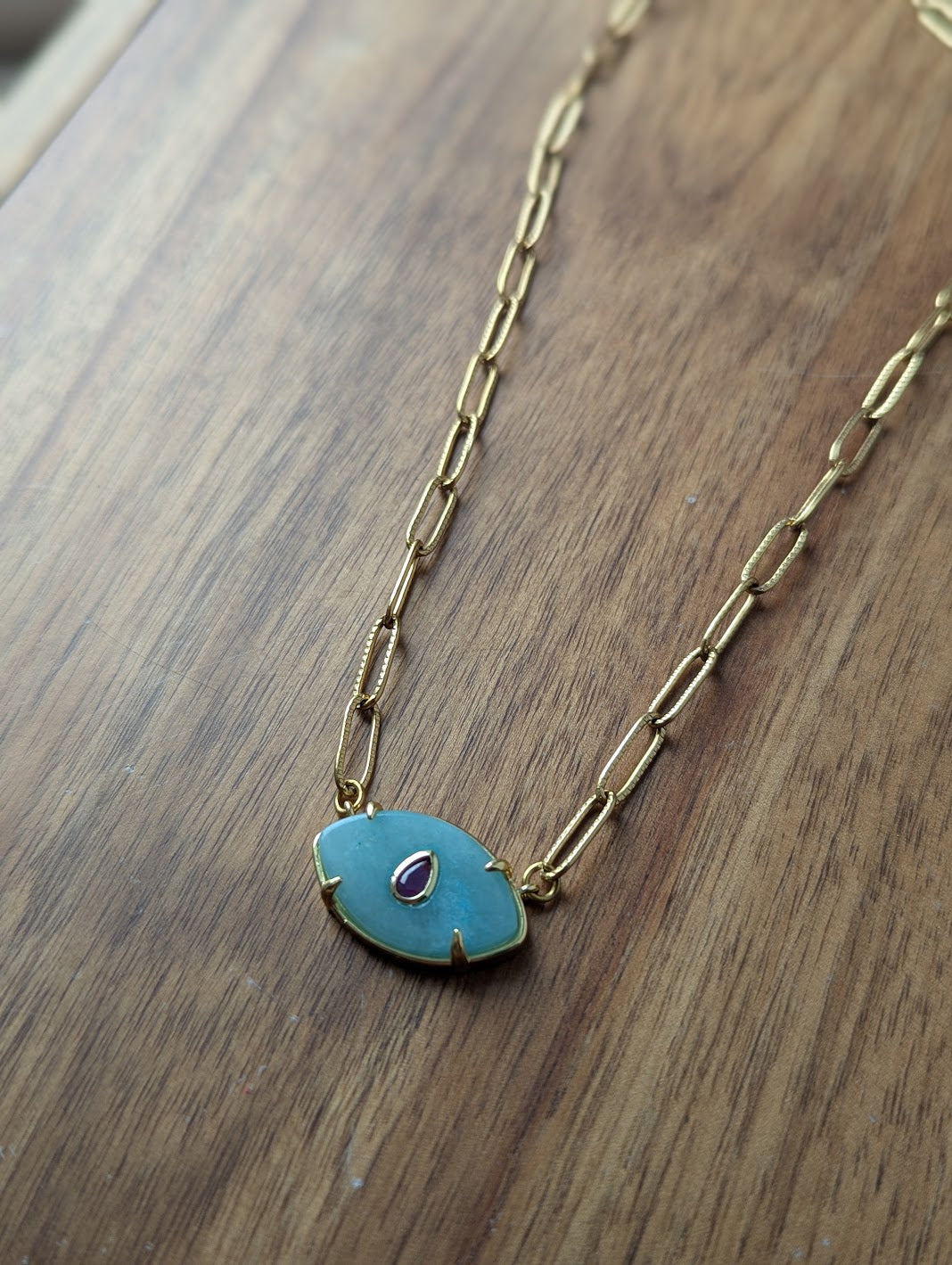 Aqua Chalcedony and Red Crystal Evil Eye Gold Paperclip Necklace