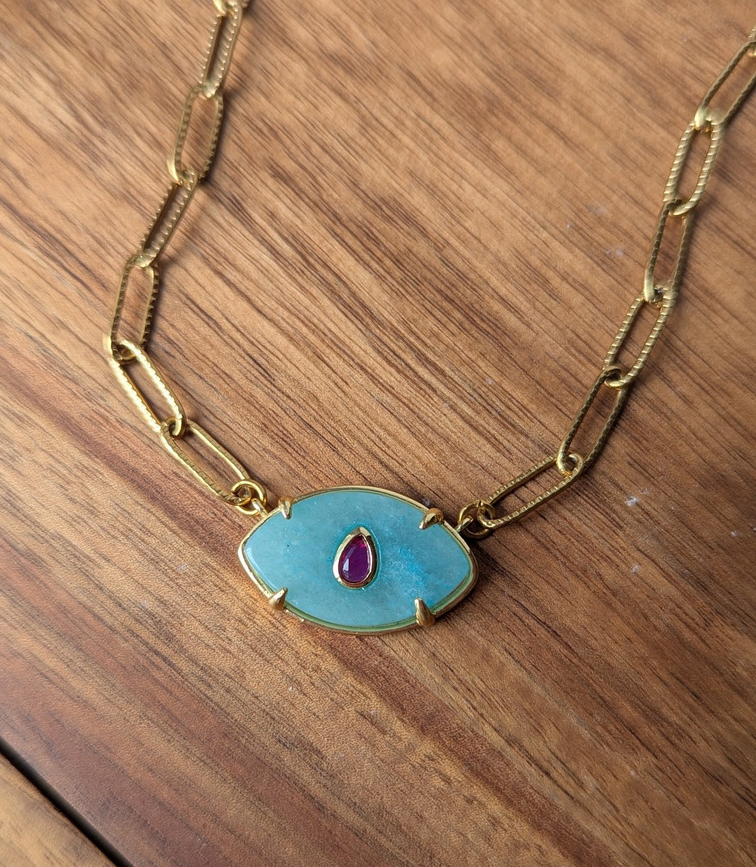 Aqua Chalcedony and Red Crystal Evil Eye Gold Paperclip Necklace