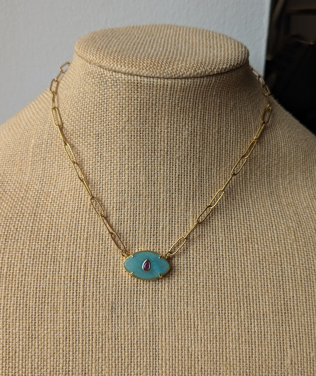 Aqua Chalcedony and Red Crystal Evil Eye Gold Paperclip Necklace