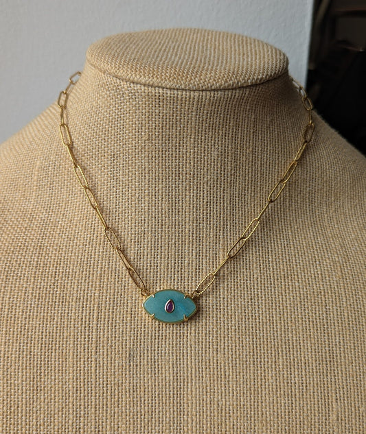 Aqua Chalcedony and Red Crystal Evil Eye Gold Paperclip Necklace