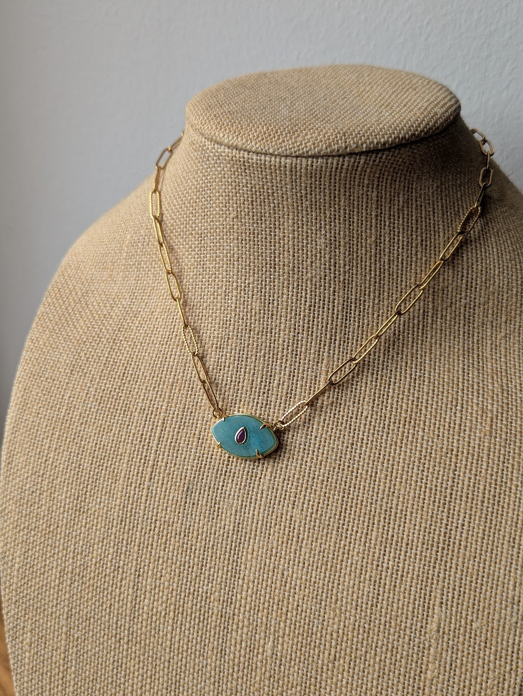 Aqua Chalcedony and Red Crystal Evil Eye Gold Paperclip Necklace