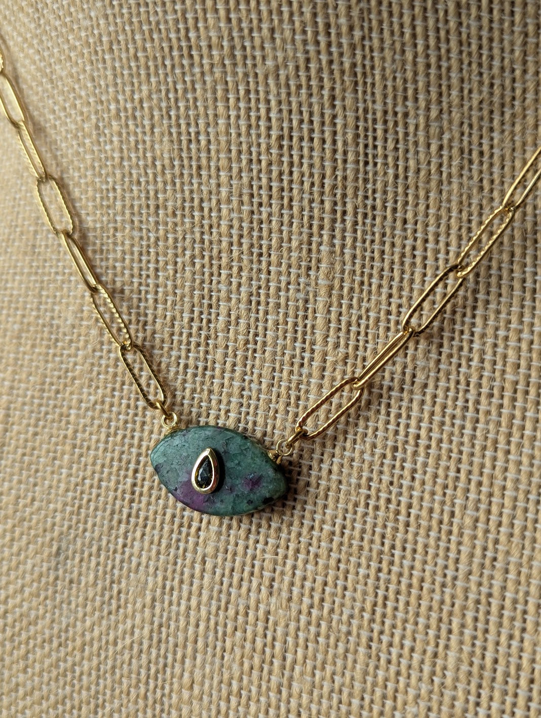 Ruby Zoisite and Green Crystal Evil Eye Gold Paperclip Necklace