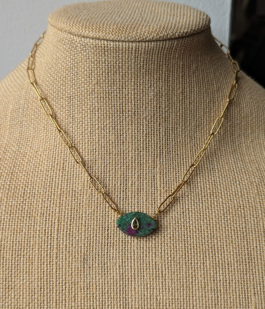 Ruby Zoisite and Green Crystal Evil Eye Gold Paperclip Necklace