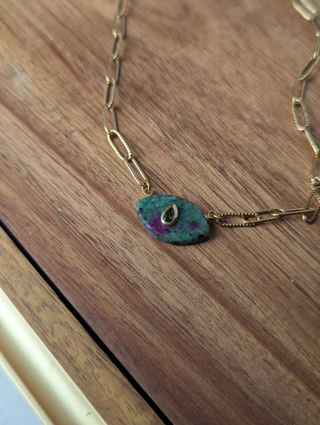 Ruby Zoisite and Green Crystal Evil Eye Gold Paperclip Necklace