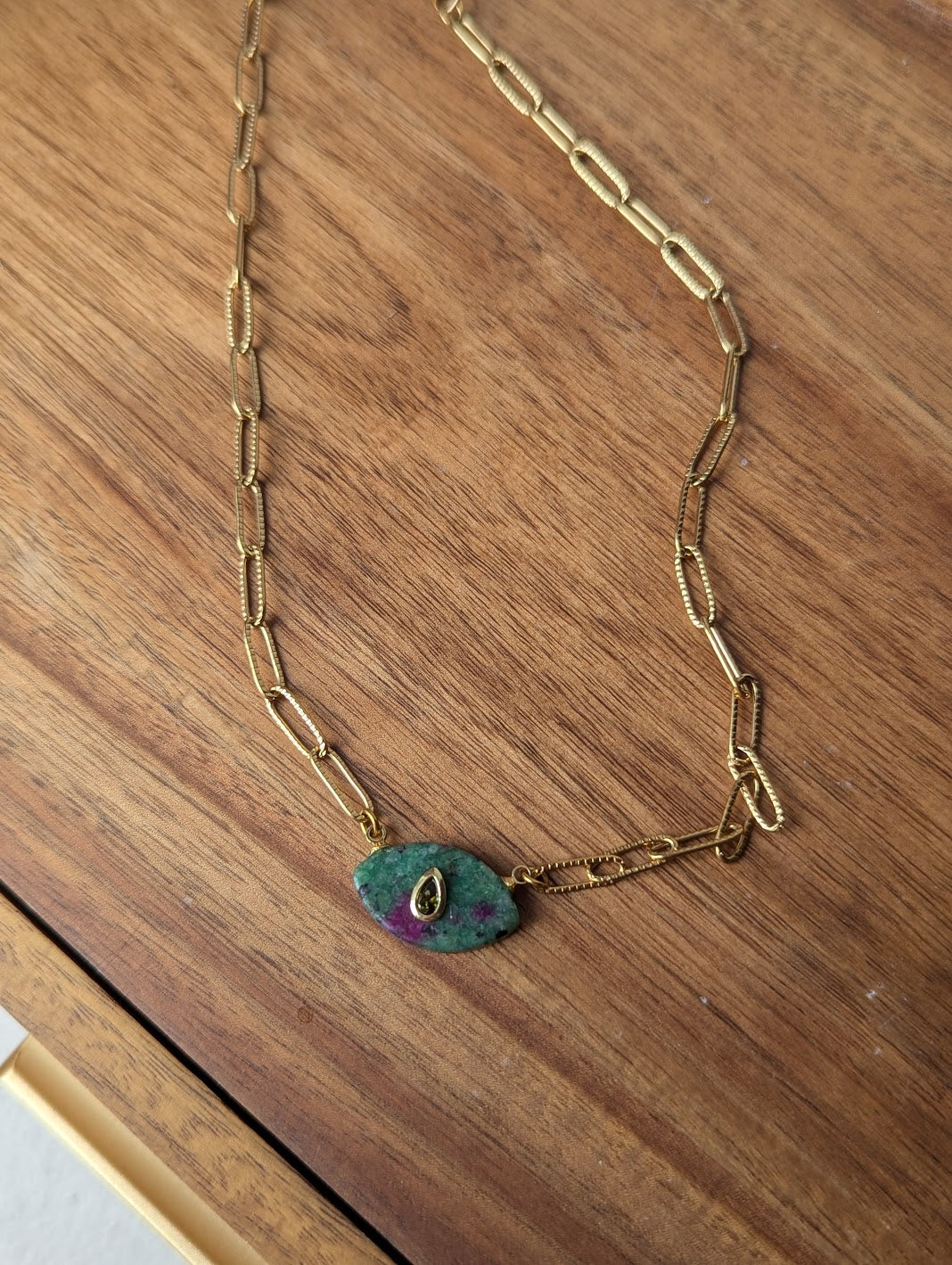 Ruby Zoisite and Green Crystal Evil Eye Gold Paperclip Necklace