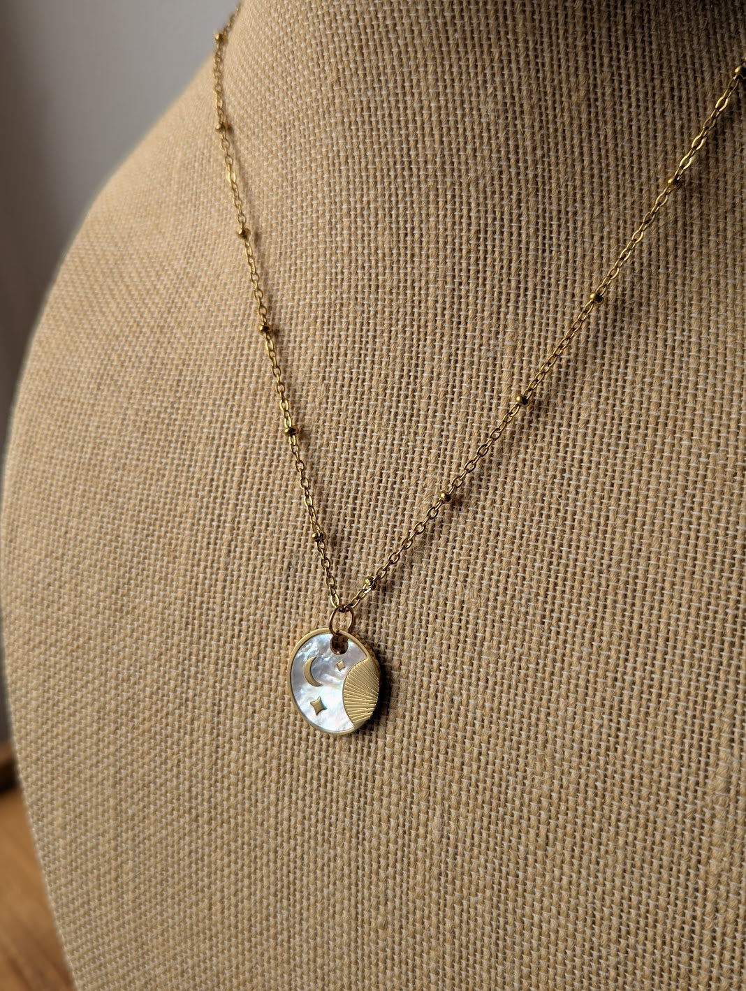 Golden Mother of Pearl Celestial Disc Necklace