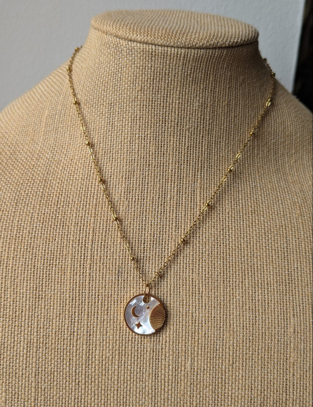 Golden Mother of Pearl Celestial Disc Necklace