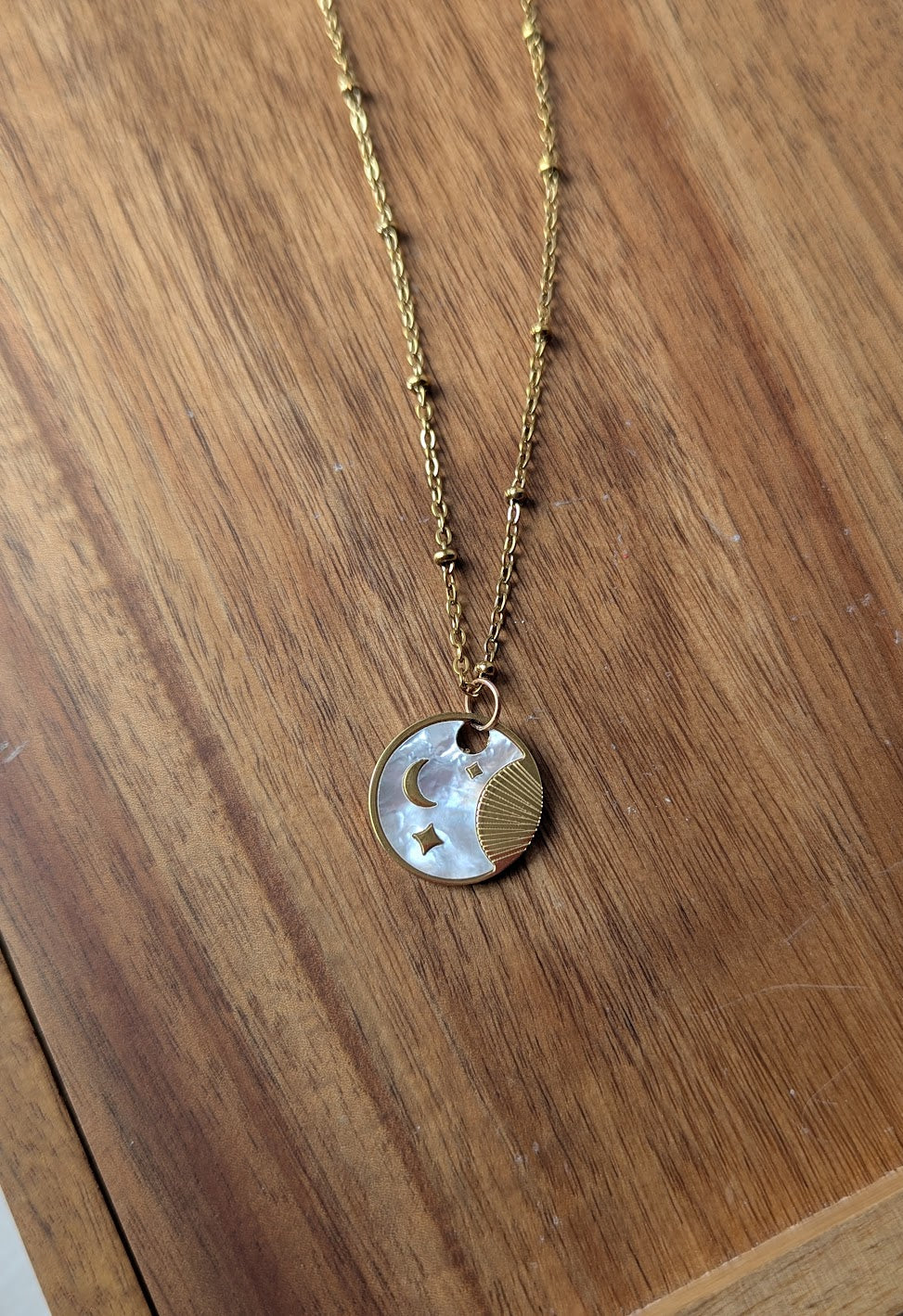 Golden Mother of Pearl Celestial Disc Necklace