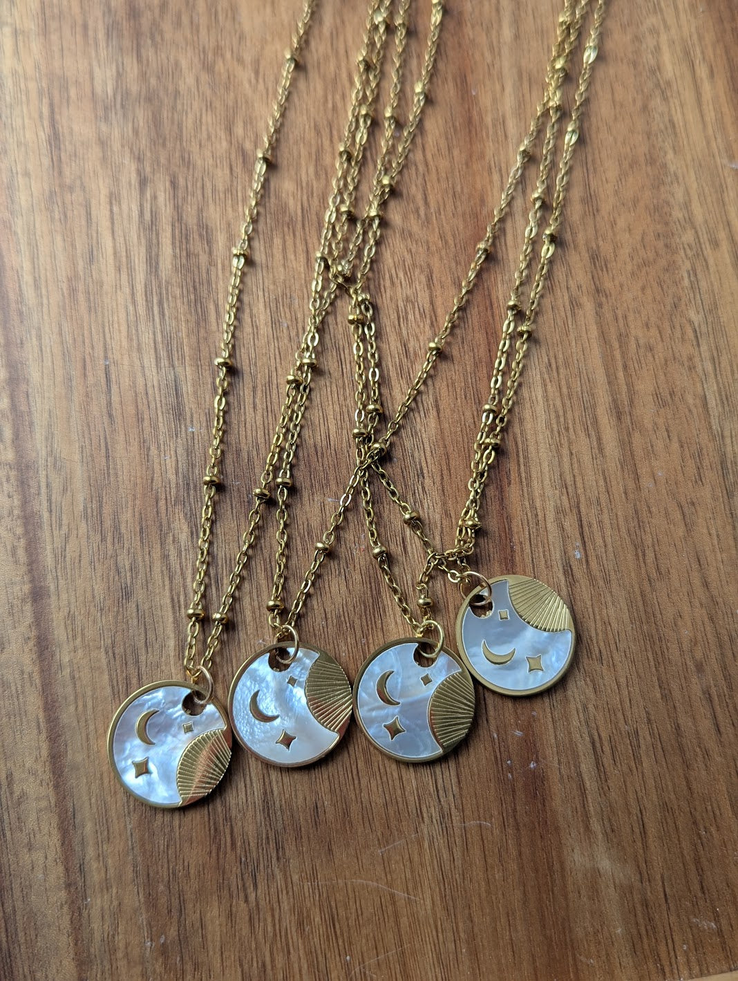 Golden Mother of Pearl Celestial Disc Necklace