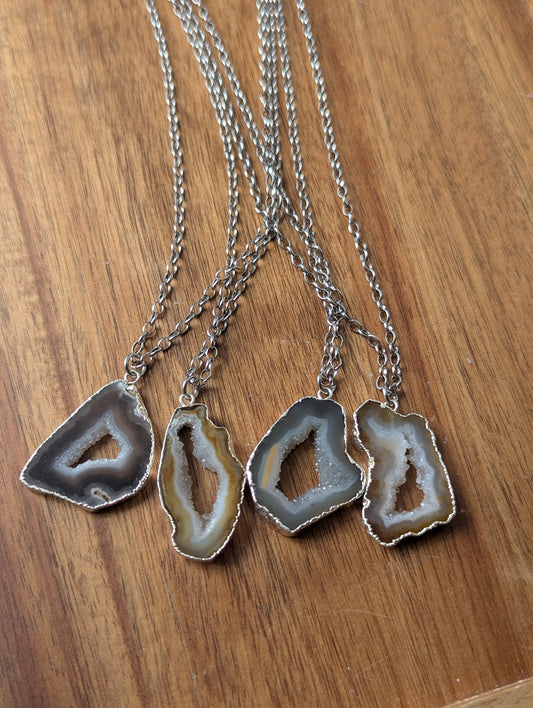 Natural Brown Agate Slice Silver Long Necklace (Various Options Available)
