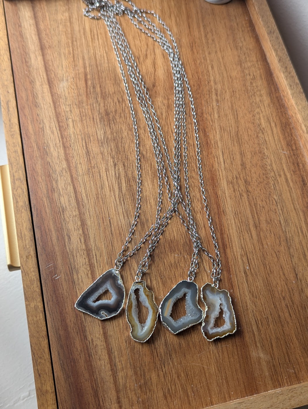 Natural Brown Agate Slice Silver Long Necklace (Various Options Available)