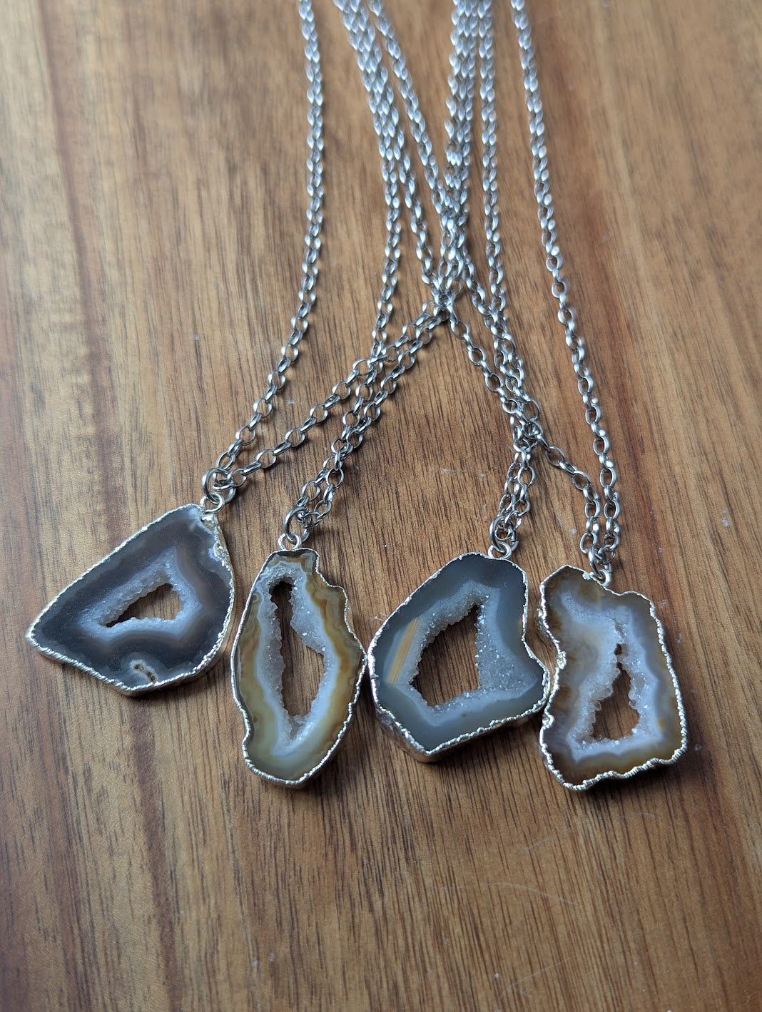 Natural Brown Agate Slice Silver Long Necklace (Various Options Available)