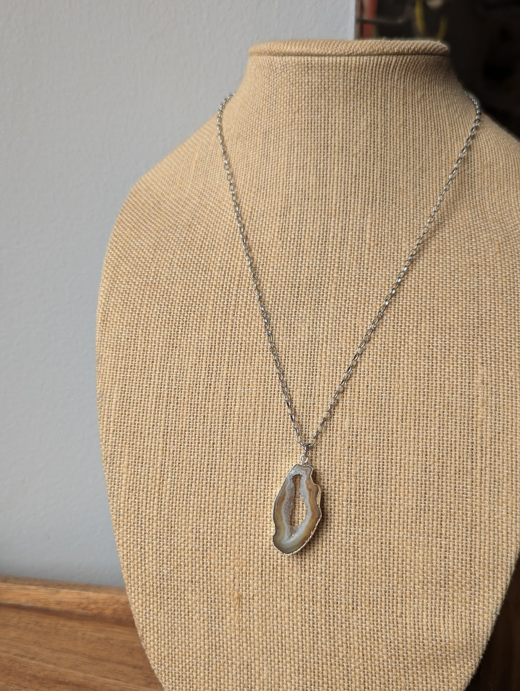 Natural Brown Agate Slice Silver Long Necklace (Various Options Available)