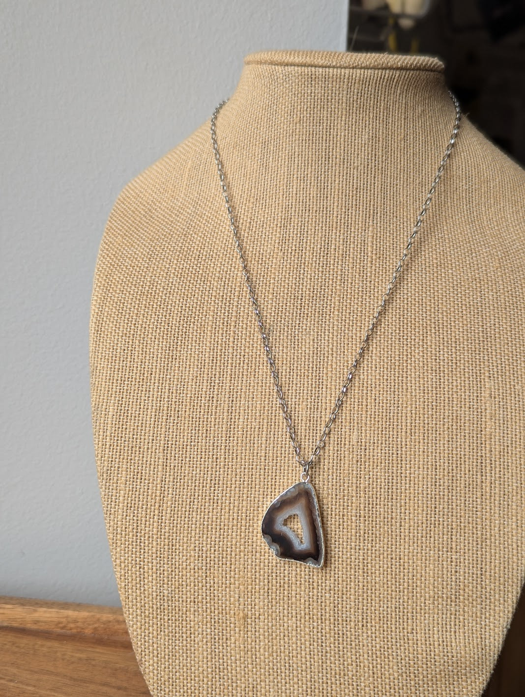 Natural Brown Agate Slice Silver Long Necklace (Various Options Available)