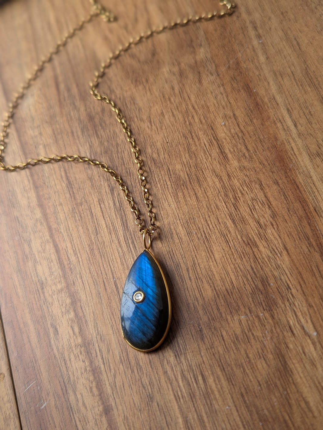 Blue Flash Labradorite Long Gold Necklace