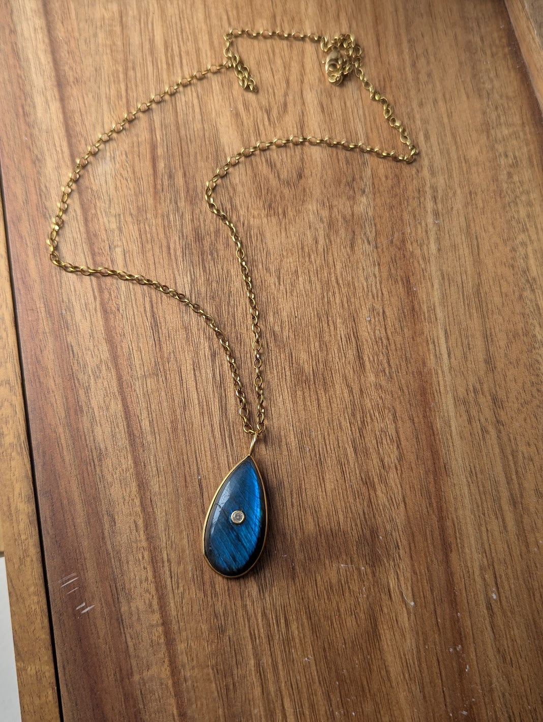 Blue Flash Labradorite Long Gold Necklace