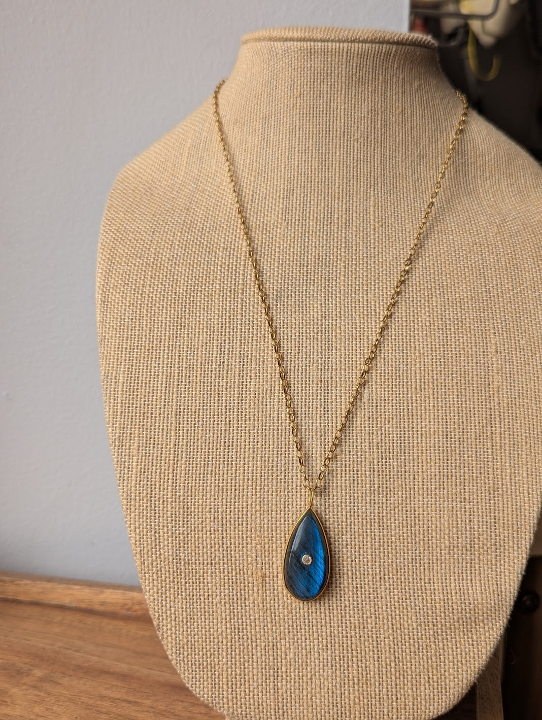 Blue Flash Labradorite Long Gold Necklace