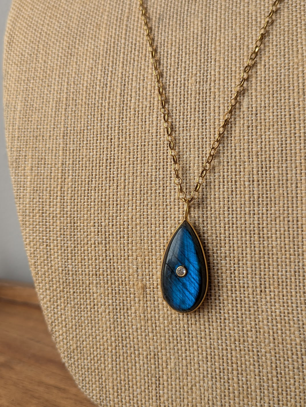 Blue Flash Labradorite Long Gold Necklace