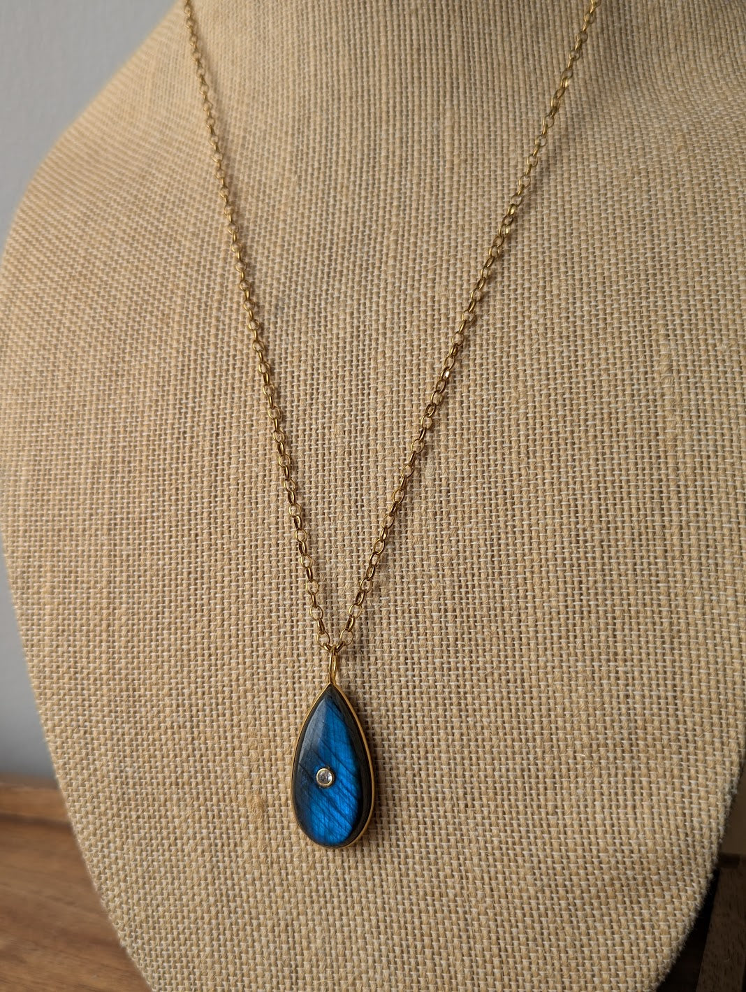 Blue Flash Labradorite Long Gold Necklace