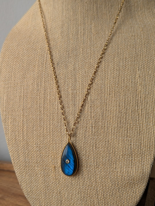 Blue Flash Labradorite Long Gold Necklace
