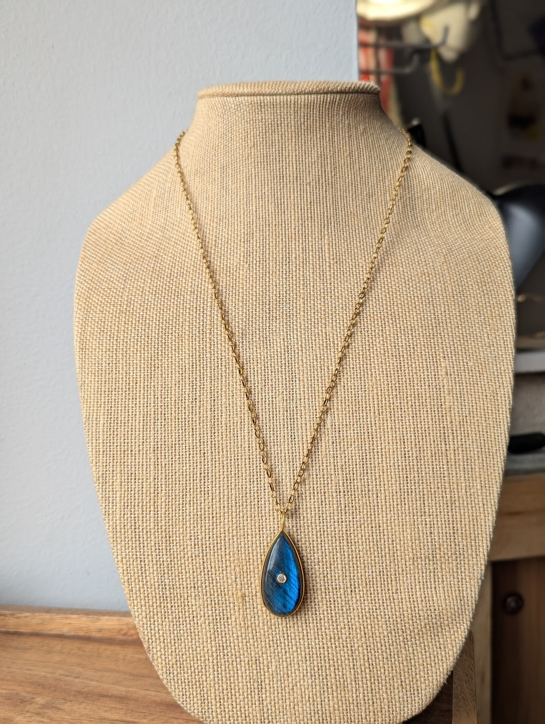 Blue Flash Labradorite Long Gold Necklace