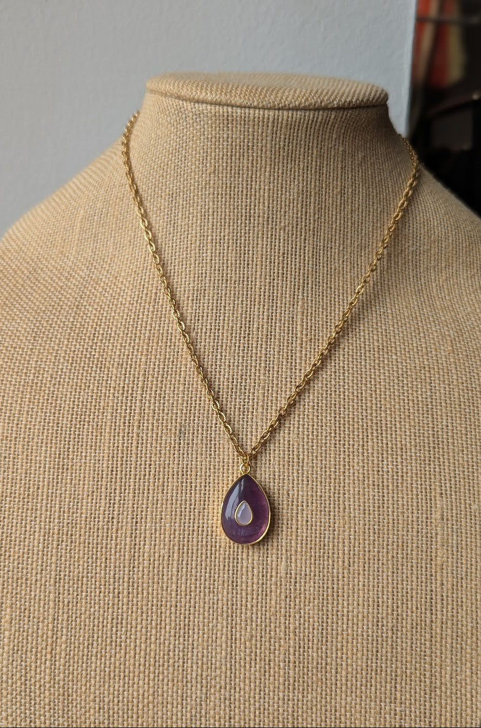 Aqua Chalcedony and Red Crystal Evil Eye Gold Paperclip Necklace