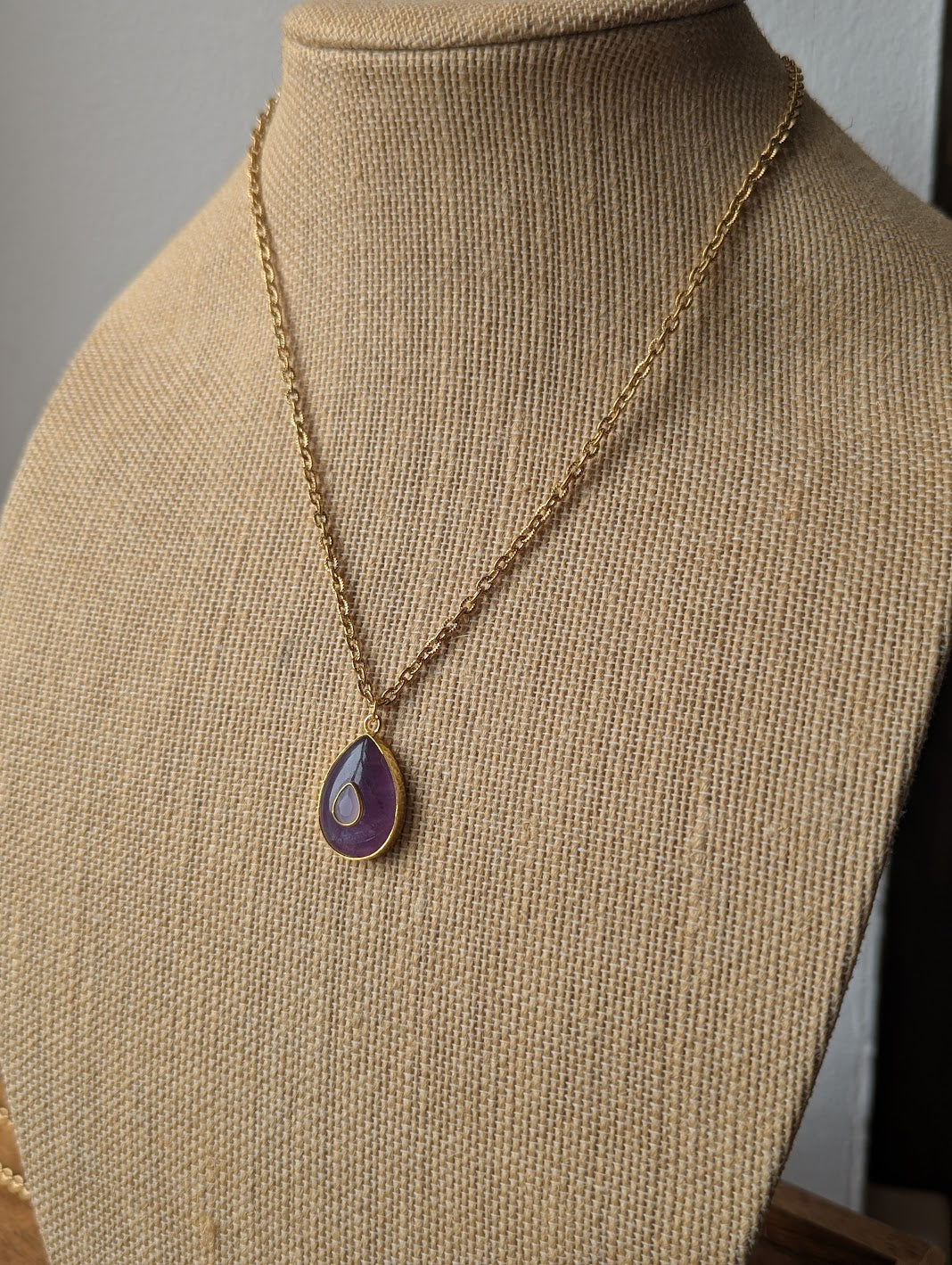 Aqua Chalcedony and Red Crystal Evil Eye Gold Paperclip Necklace