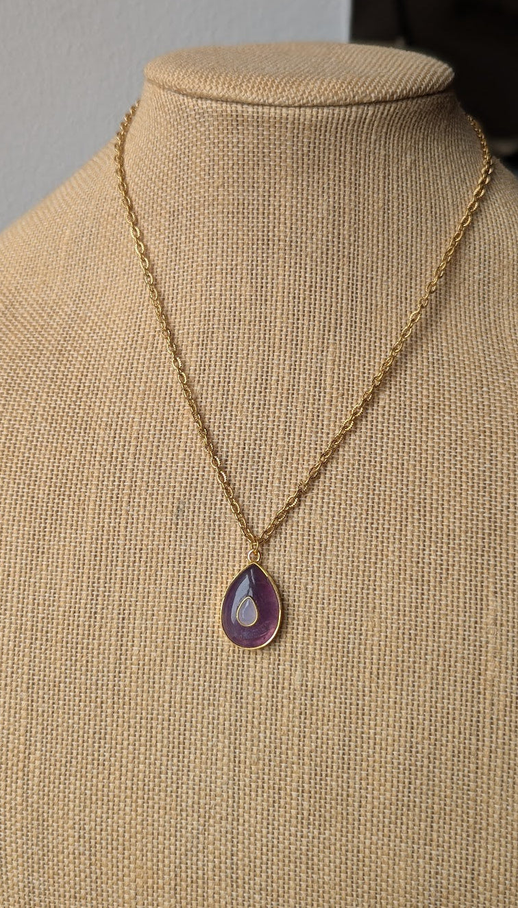 Aqua Chalcedony and Red Crystal Evil Eye Gold Paperclip Necklace