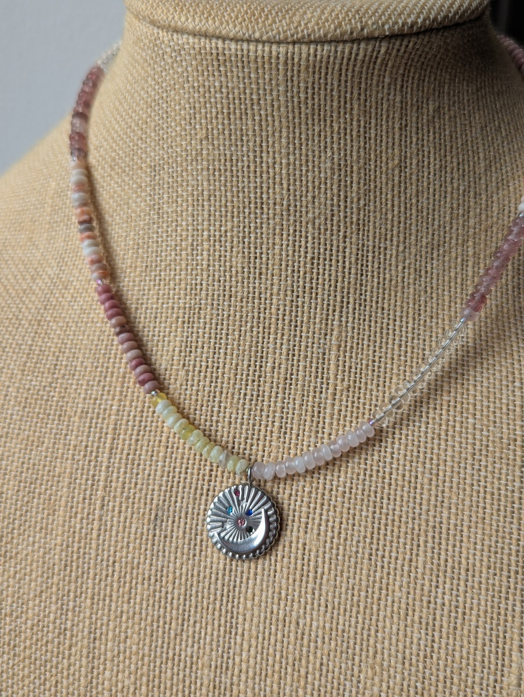 Pastel Pinky Mixed Gemstone Silver Moon Beaded Necklace
