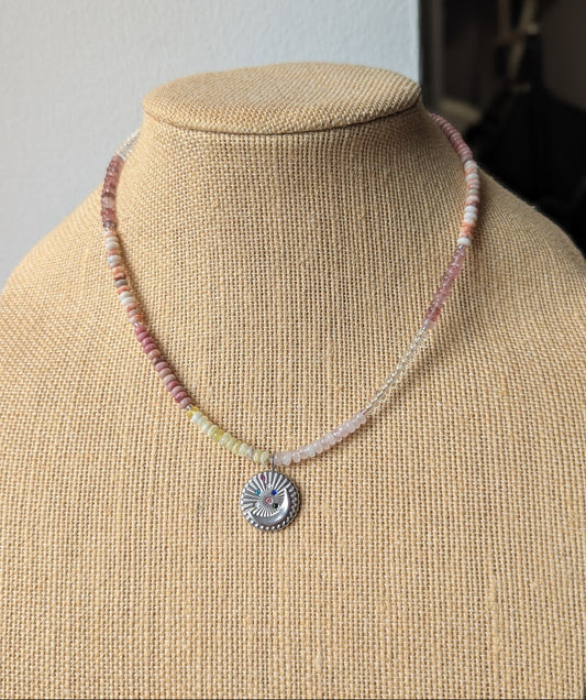 Pastel Pinky Mixed Gemstone Silver Moon Beaded Necklace