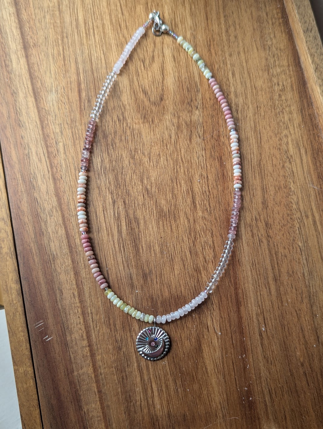 Pastel Pinky Mixed Gemstone Silver Moon Beaded Necklace