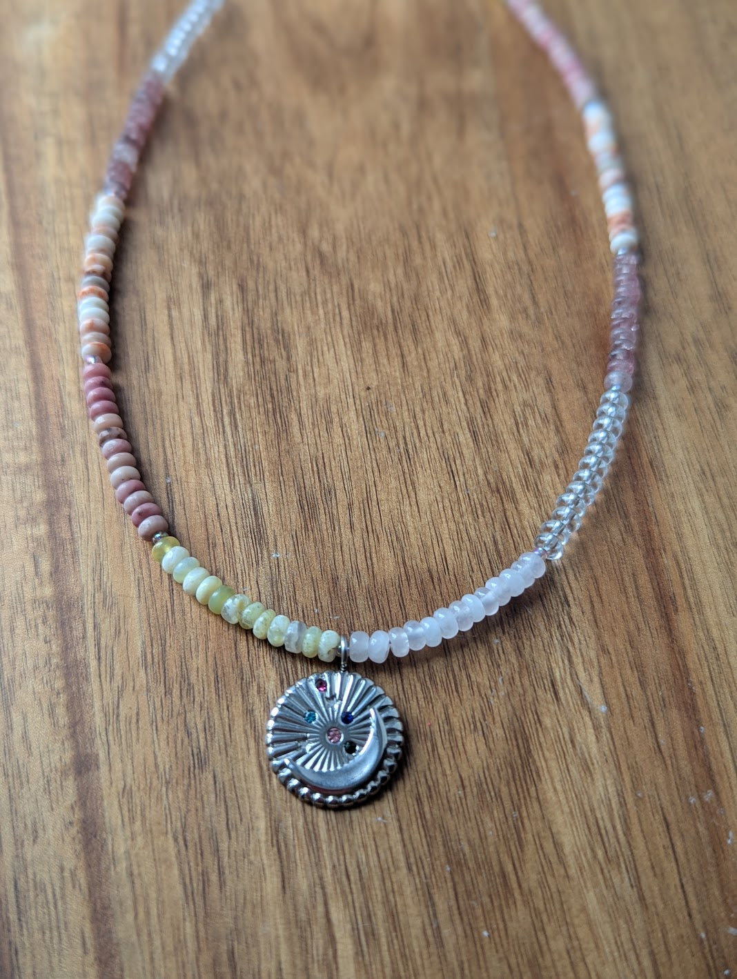 Pastel Pinky Mixed Gemstone Silver Moon Beaded Necklace