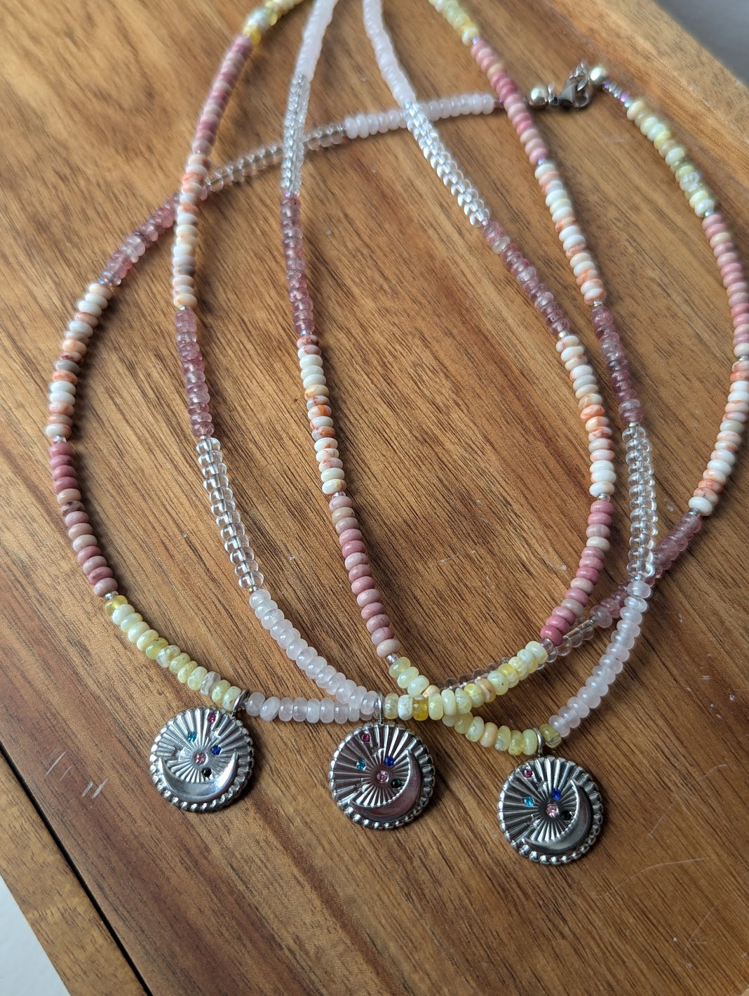 Pastel Pinky Mixed Gemstone Silver Moon Beaded Necklace